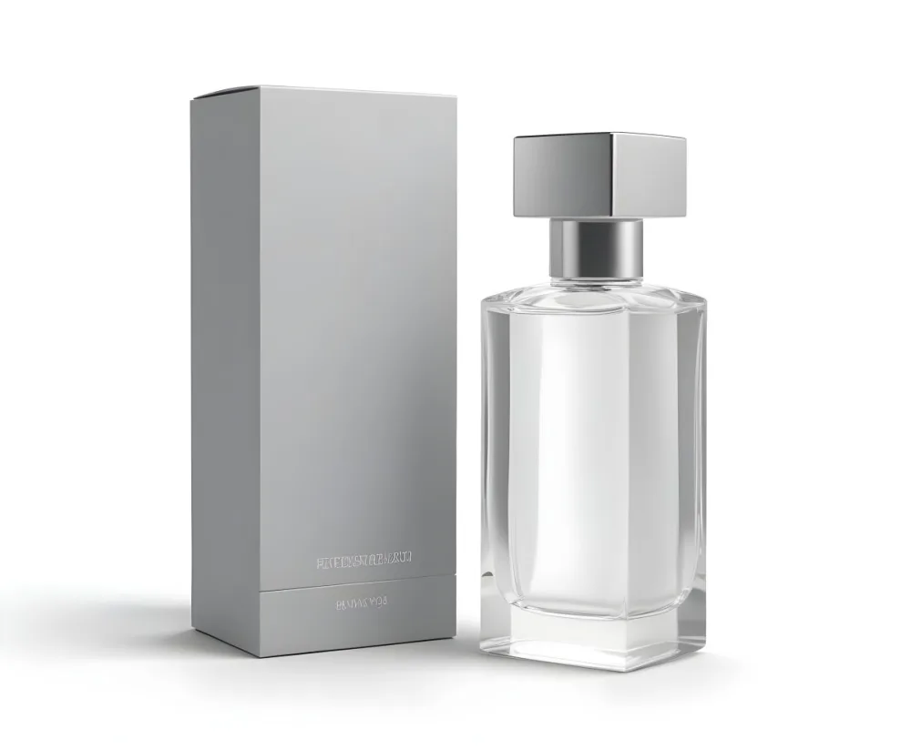 3d Model A Perfume Bottle With A Silver Cap Next To A White Box Product Photography Isolated On A Gray Background Figure Octane Render Volumetric Highly Detailed Videogame Aesthetic 10 De69