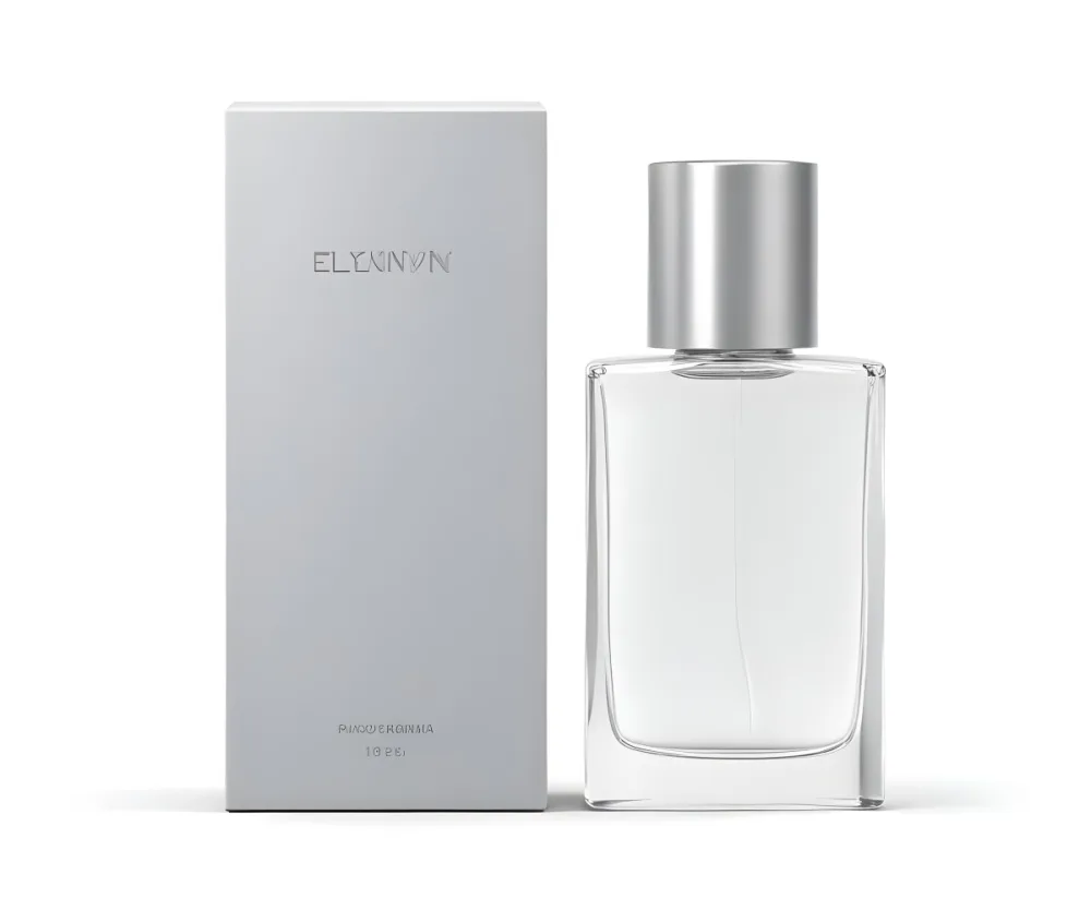 3d Model A Perfume Bottle With A Silver Cap Next To A White Box Product Photography Isolated On A Gray Background Figure Octane Render Volumetric Highly Detailed Videogame Aesthetic 16 11ee