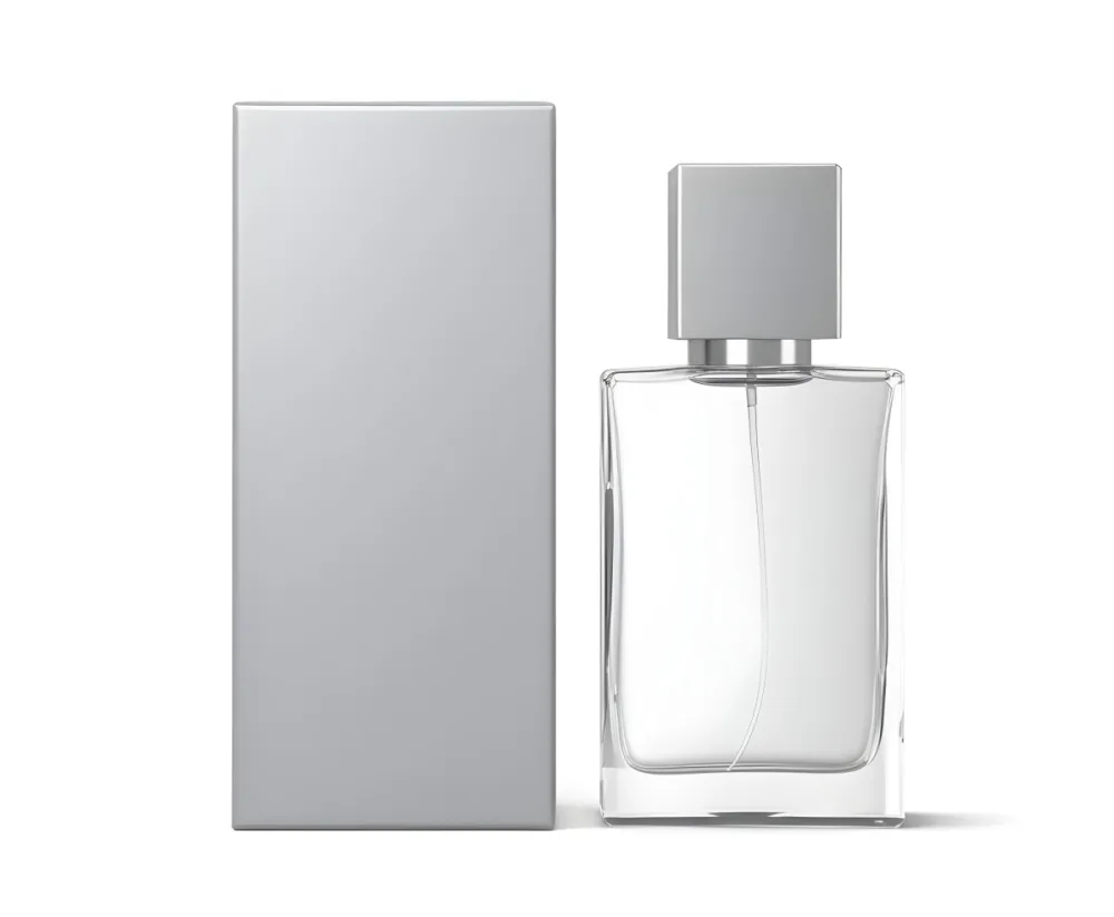 3d Model A Perfume Bottle With A Silver Cap Next To A White Box Product Photography Isolated On A Gray Background Figure Octane Render Volumetric Highly Detailed Videogame Aesthetic 19 63bf