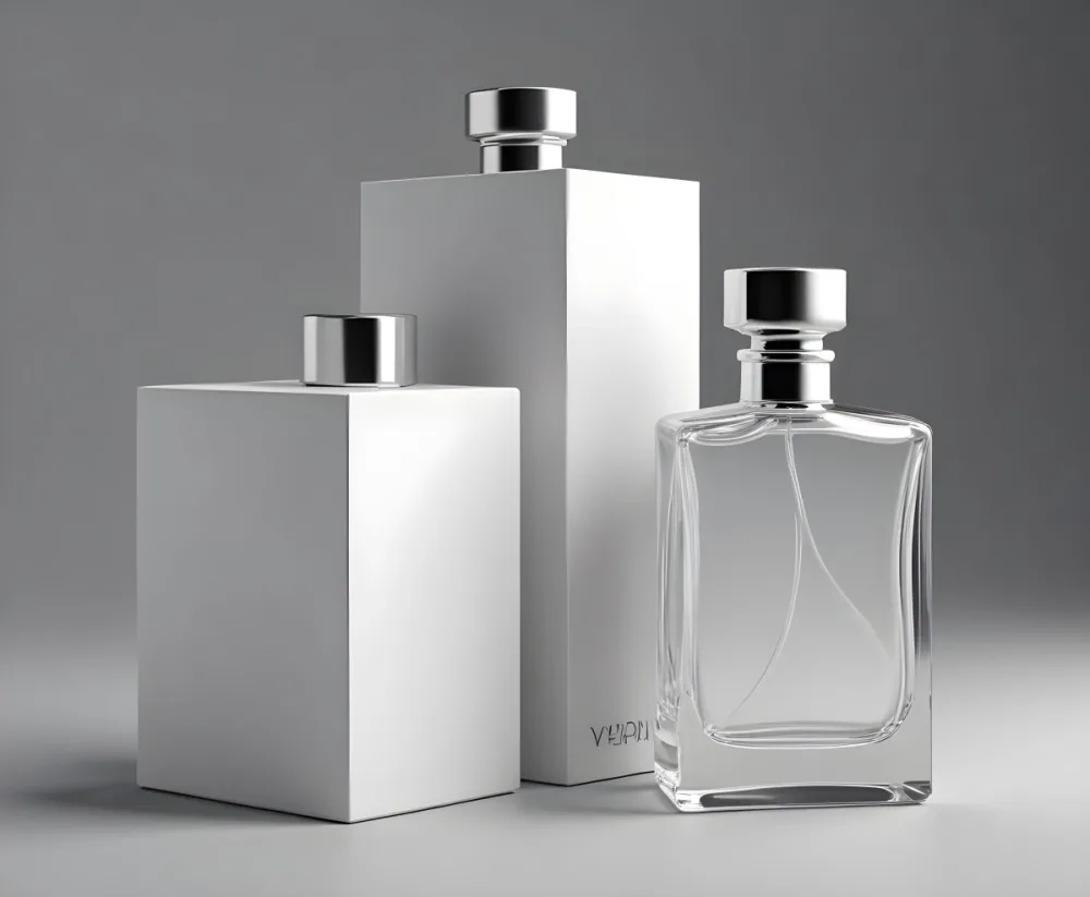 3d Model A Perfume Bottle With A Silver Cap Next To A White Box Product Photography Isolated On A Gray Background Figure Octane Render Volumetric Highly Detailed Videogame Aesthetic 22 57e0