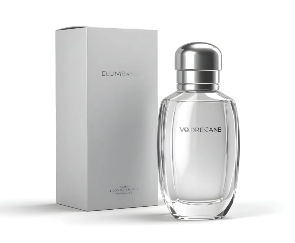 3d Model A Perfume Bottle With A Silver Cap Next To A White Box Product Photography Isolated On A Gray Background Figure Octane Render Volumetric Highly Detailed Videogame Aesthetic 23 6695