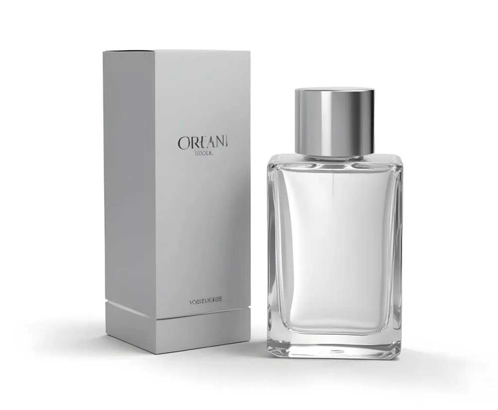 3d Model A Perfume Bottle With A Silver Cap Next To A White Box Product Photography Isolated On A Gray Background Figure Octane Render Volumetric Highly Detailed Videogame Aesthetic 25 B213