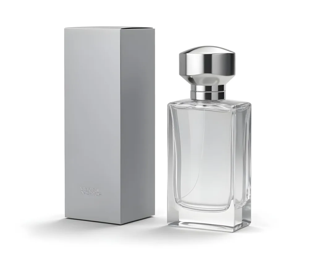 3d Model A Perfume Bottle With A Silver Cap Next To A White Box Product Photography Isolated On A Gray Background Figure Octane Render Volumetric Highly Detailed Videogame Aesthetic 28 7d4a