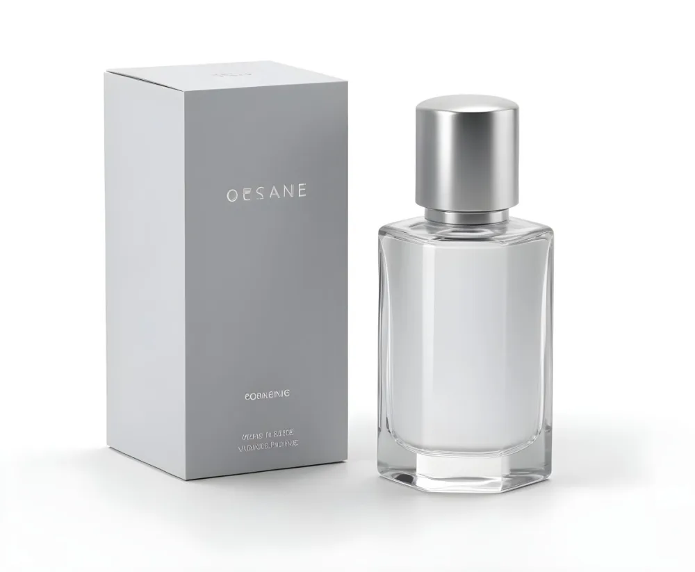 3d Model A Perfume Bottle With A Silver Cap Next To A White Box Product Photography Isolated On A Gray Background Figure Octane Render Volumetric Highly Detailed Videogame Aesthetic 3 F035