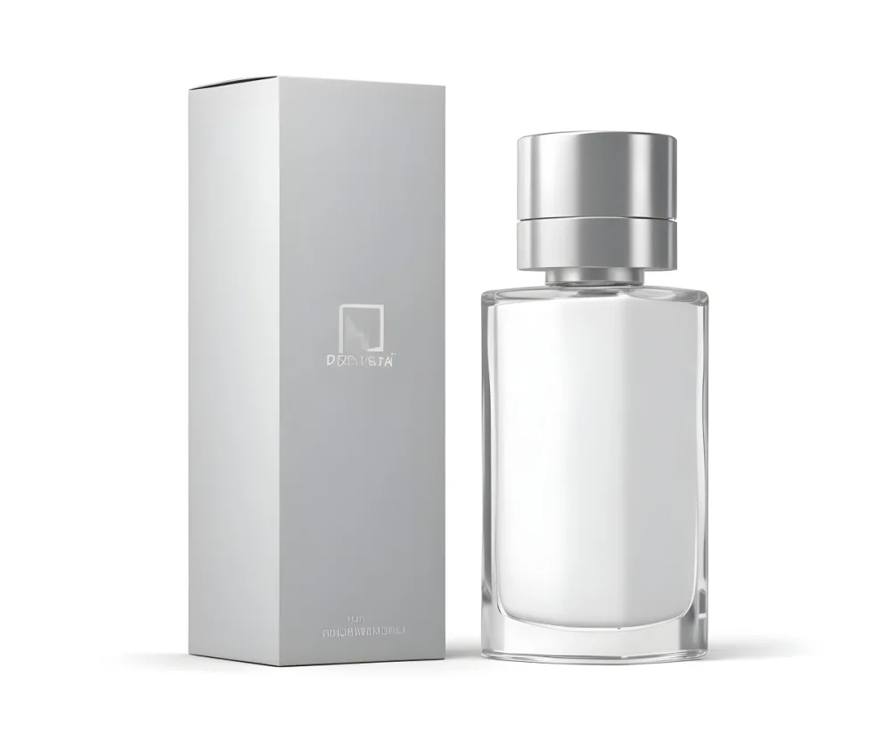 3d Model A Perfume Bottle With A Silver Cap Next To A White Box Product Photography Isolated On A Gray Background Figure Octane Render Volumetric Highly Detailed Videogame Aesthetic 30 401f