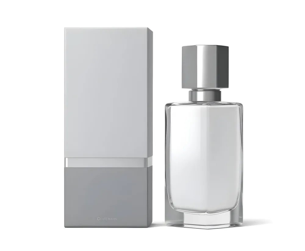 3d Model A Perfume Bottle With A Silver Cap Next To A White Box Product Photography Isolated On A Gray Background Figure Octane Render Volumetric Highly Detailed Videogame Aesthetic 31 704b