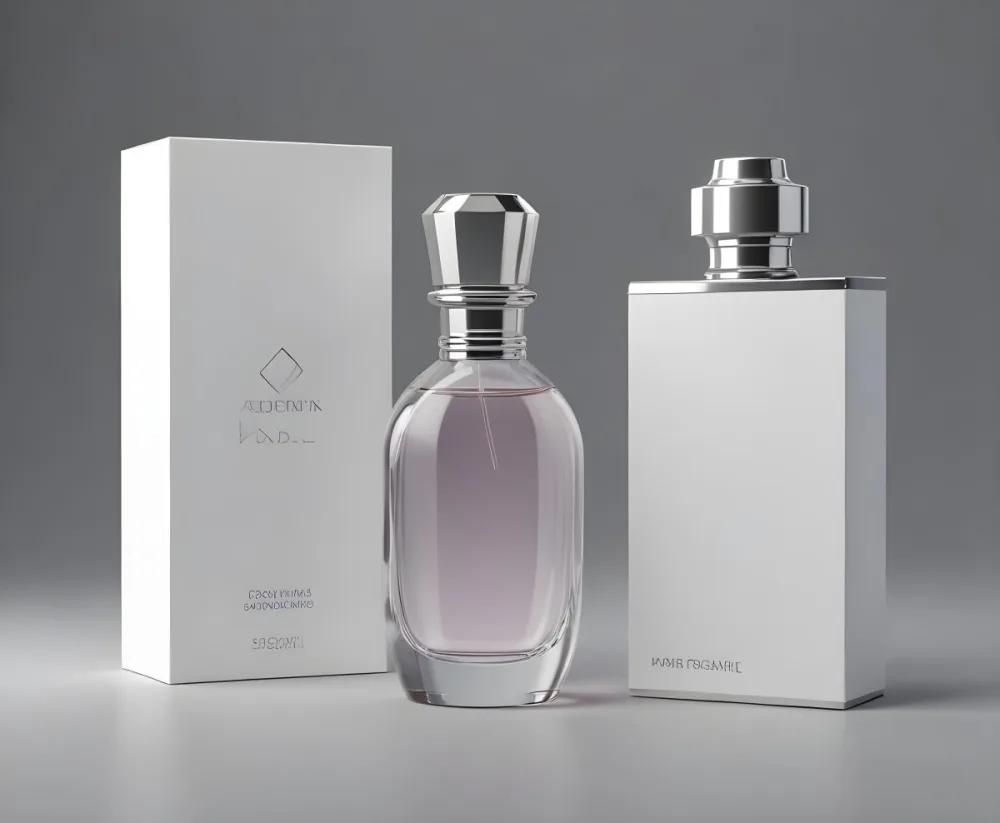 3d Model A Perfume Bottle With A Silver Cap Next To A White Box Product Photography Isolated On A Gray Background Figure Octane Render Volumetric Highly Detailed Videogame Aesthetic 32 4e0e