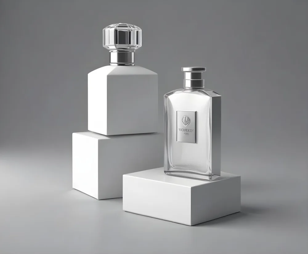 3d Model A Perfume Bottle With A Silver Cap Next To A White Box Product Photography Isolated On A Gray Background Figure Octane Render Volumetric Highly Detailed Videogame Aesthetic 6 1df8
