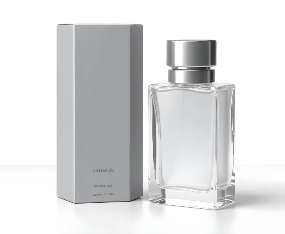 3d Model A Perfume Bottle With A Silver Cap Next To A White Box Product Photography Isolated On A Gray Background Figure Octane Render Volumetric Highly Detailed Videogame Aesthetic 7 Fd66