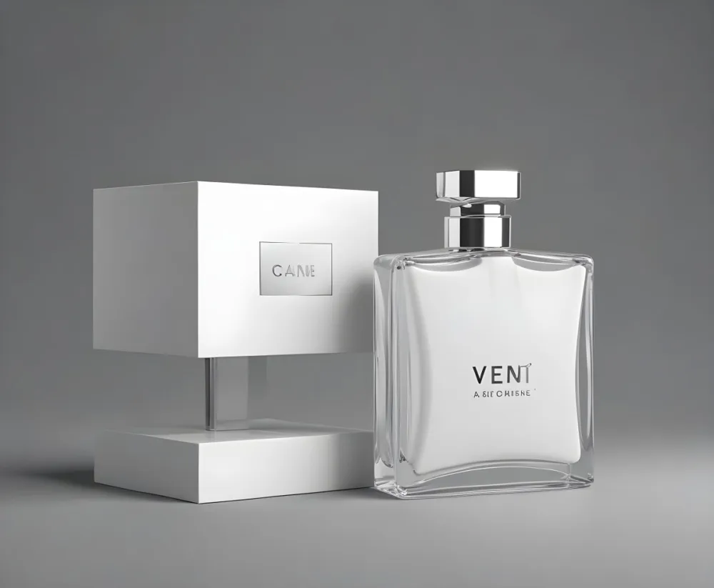3d Model A Perfume Bottle With A Silver Cap Next To A White Box Product Photography Isolated On A Gray Background Figure Octane Render Volumetric Highly Detailed Videogame Aesthetic 8 793b