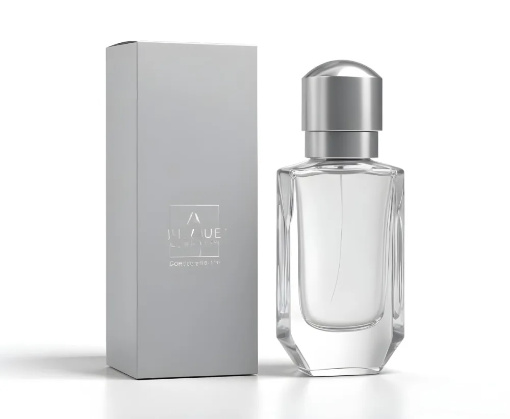 3d Model A Perfume Bottle With A Silver Cap Next To A White Box Product Photography Isolated On A Gray Background Figure Octane Render Volumetric Highly Detailed Videogame Aesthetic 9 9887