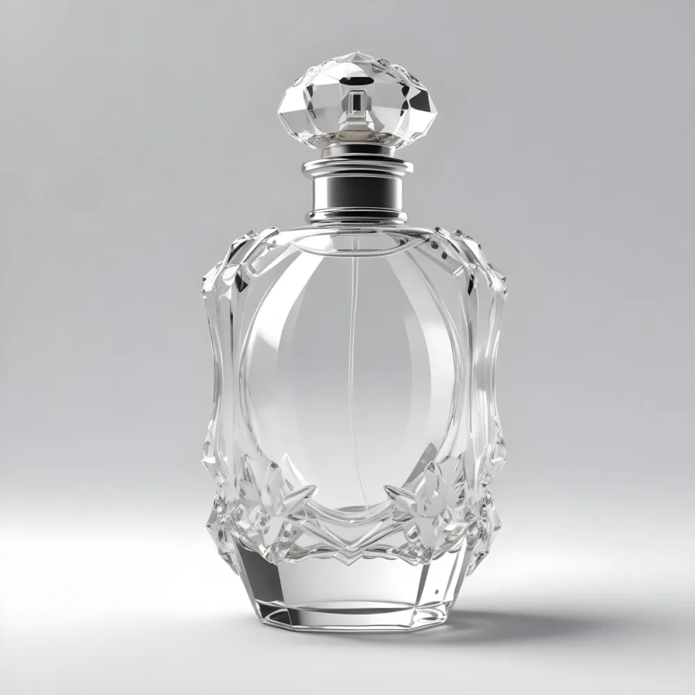 3d Model A Perfume Bottle With A Transparent Glass Body Filled With Clear Liquid A Silver Neck And A Clear Crystal Cap White Background Figure Octane Render Volumetric Highly Detailed Videogame Aesthetic 26 826f