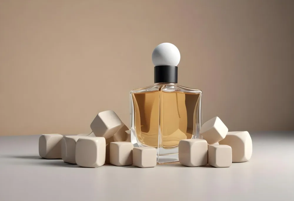 3d Model A Perfume Bottle With A White Cap Surrounded By Beige Cubes In A Studio With A Black Background And A Black Floor Figure Octane Render Volumetric Highly Detailed Videogame Aesthetic 31 C7c1
