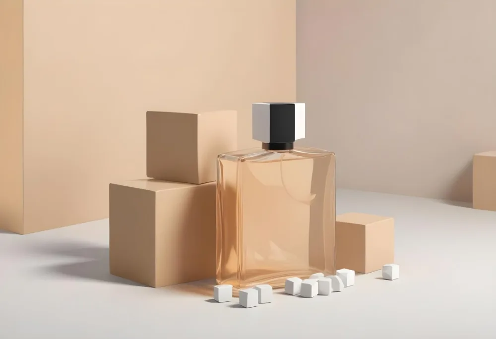 3d Model A Perfume Bottle With A White Cap Surrounded By Beige Cubes In A Studio With A Black Background And A Black Floor Figure Octane Render Volumetric Highly Detailed Videogame Aesthetic 7 0707