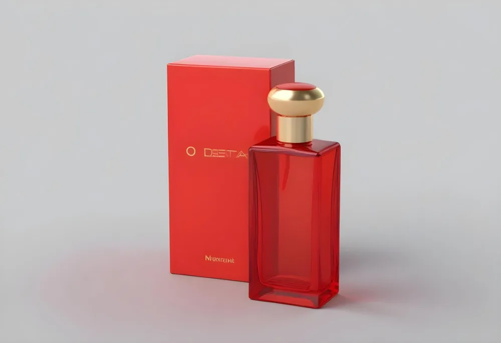 3d Model A Red Glass Perfume Bottle With A Red Cap Next To A Red Box On A Red Surface Figure Octane Render Volumetric Highly Detailed Videogame Aesthetic 17 7f7f
