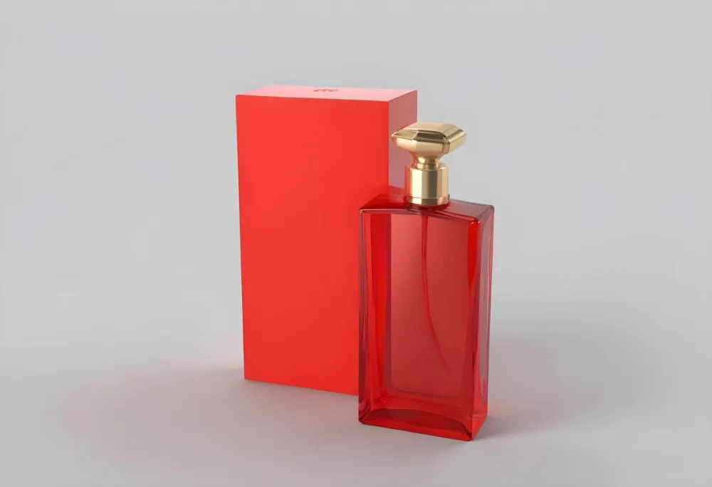 3d Model A Red Glass Perfume Bottle With A Red Cap Next To A Red Box On A Red Surface Figure Octane Render Volumetric Highly Detailed Videogame Aesthetic 18 595e