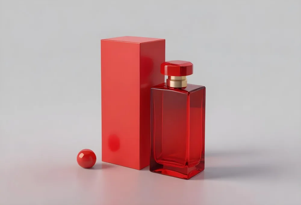 3d Model A Red Glass Perfume Bottle With A Red Cap Next To A Red Box On A Red Surface Figure Octane Render Volumetric Highly Detailed Videogame Aesthetic 2 B184