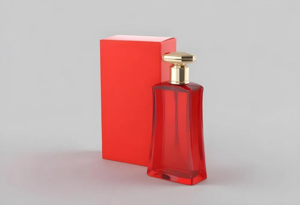 3d Model A Red Glass Perfume Bottle With A Red Cap Next To A Red Box On A Red Surface Figure Octane Render Volumetric Highly Detailed Videogame Aesthetic 20 F3e7