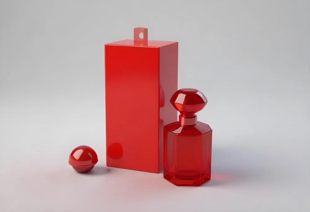 3d Model A Red Glass Perfume Bottle With A Red Cap Next To A Red Box On A Red Surface Figure Octane Render Volumetric Highly Detailed Videogame Aesthetic 23 5d8e 7384