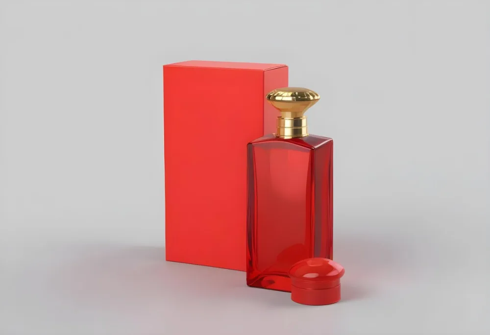 3d Model A Red Glass Perfume Bottle With A Red Cap Next To A Red Box On A Red Surface Figure Octane Render Volumetric Highly Detailed Videogame Aesthetic 26 12e1 253d