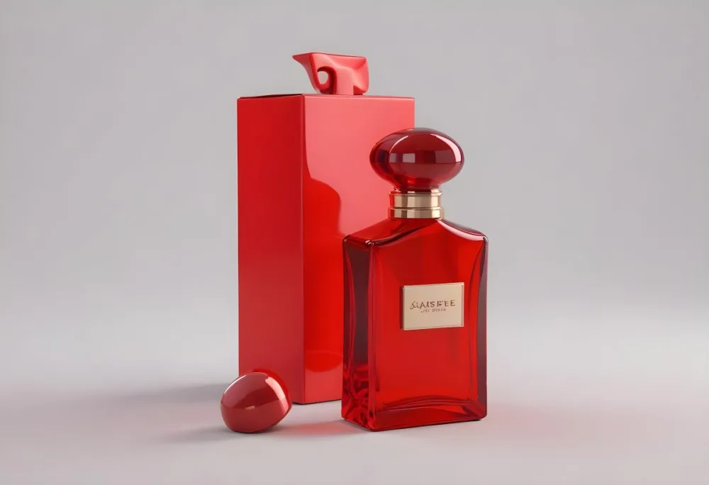 3d Model A Red Glass Perfume Bottle With A Red Cap Next To A Red Box On A Red Surface Figure Octane Render Volumetric Highly Detailed Videogame Aesthetic 3 D1c1