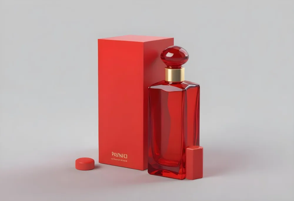 3d Model A Red Glass Perfume Bottle With A Red Cap Next To A Red Box On A Red Surface Figure Octane Render Volumetric Highly Detailed Videogame Aesthetic 32 0f1f