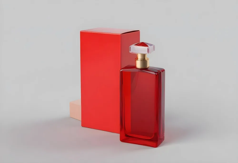 3d Model A Red Glass Perfume Bottle With A Red Cap Next To A Red Box On A Red Surface Figure Octane Render Volumetric Highly Detailed Videogame Aesthetic 36 Ccff