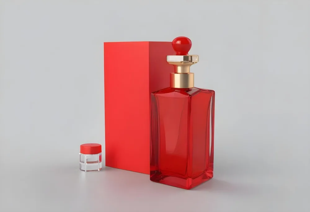 3d Model A Red Glass Perfume Bottle With A Red Cap Next To A Red Box On A Red Surface Figure Octane Render Volumetric Highly Detailed Videogame Aesthetic 37 Abfd