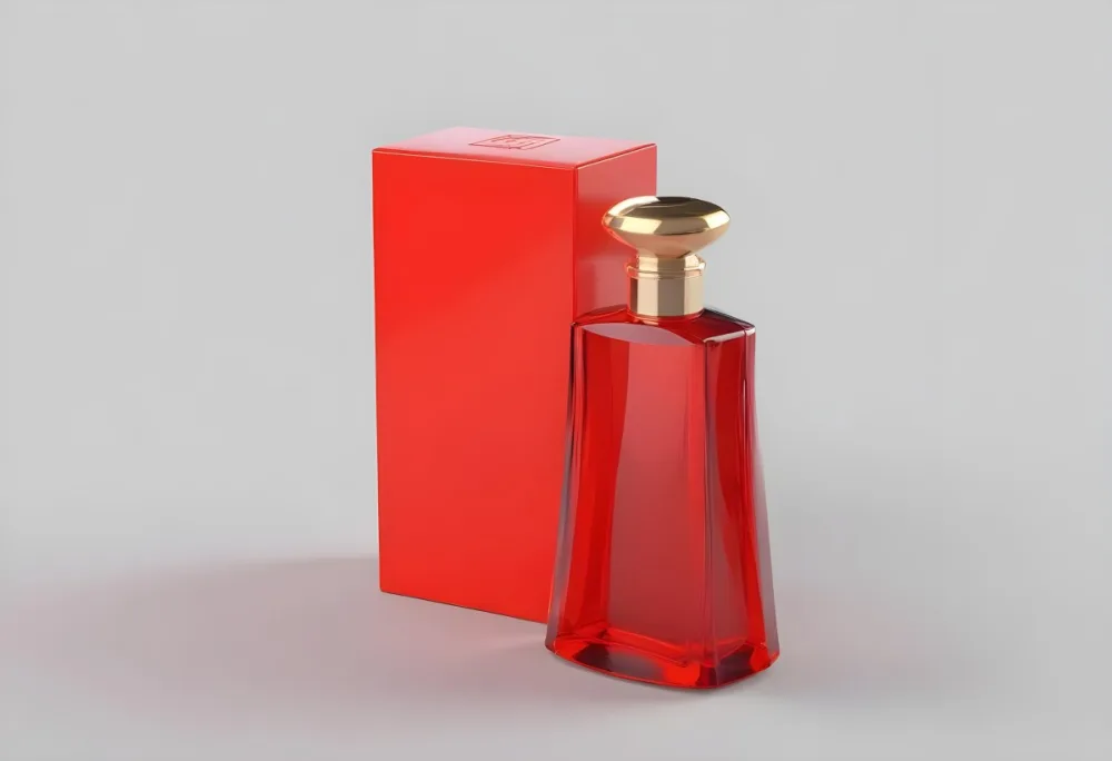 3d Model A Red Glass Perfume Bottle With A Red Cap Next To A Red Box On A Red Surface Figure Octane Render Volumetric Highly Detailed Videogame Aesthetic 38 28a9