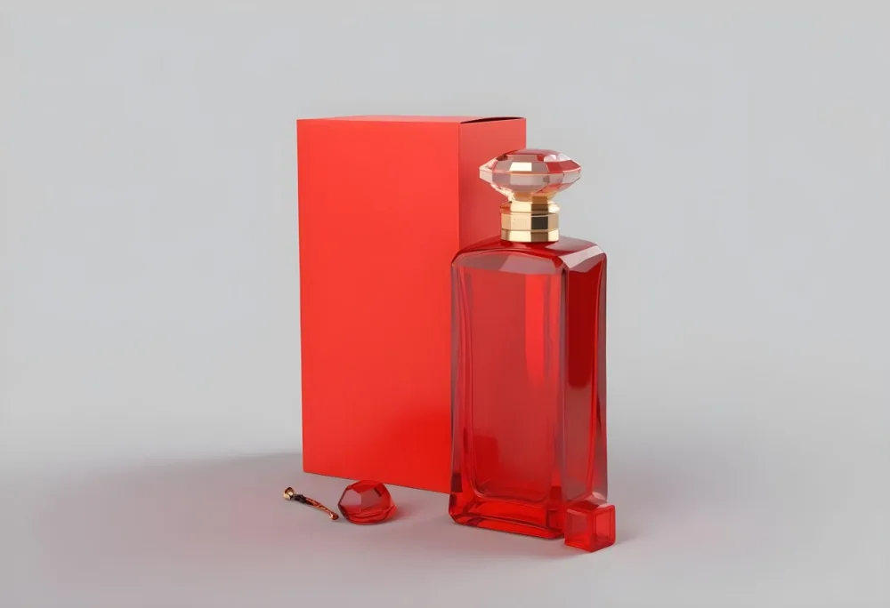 3d Model A Red Glass Perfume Bottle With A Red Cap Next To A Red Box On A Red Surface Figure Octane Render Volumetric Highly Detailed Videogame Aesthetic 39 E333