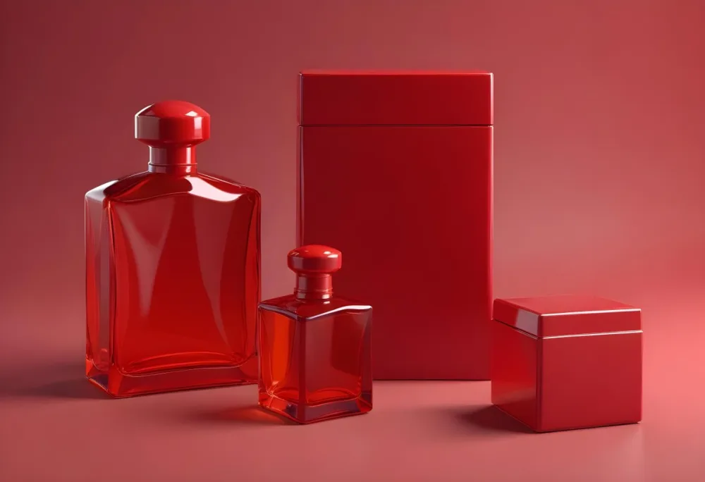 3d Model A Red Glass Perfume Bottle With A Red Cap Next To A Red Box On A Red Surface Figure Octane Render Volumetric Highly Detailed Videogame Aesthetic 4 2bba