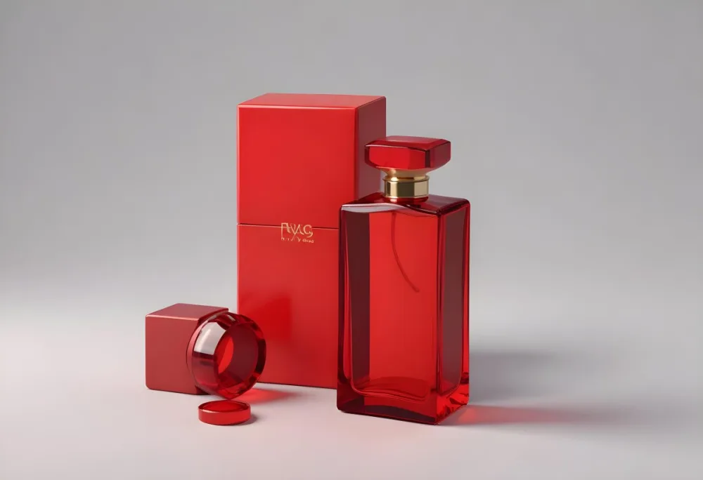 3d Model A Red Glass Perfume Bottle With A Red Cap Next To A Red Box On A Red Surface Figure Octane Render Volumetric Highly Detailed Videogame Aesthetic 5 Dec5
