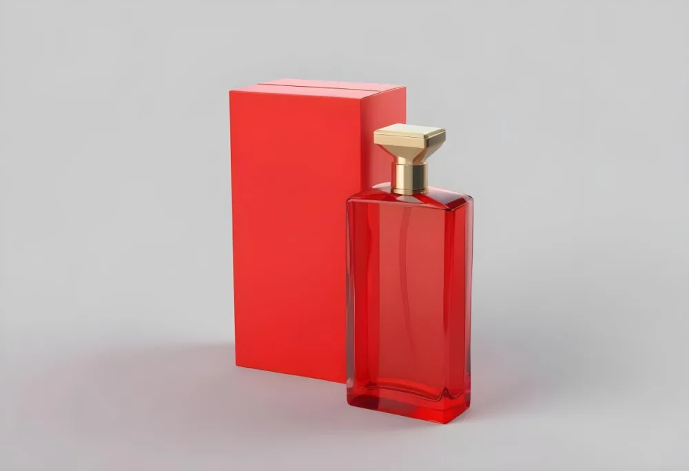 3d Model A Red Glass Perfume Bottle With A Red Cap Next To A Red Box On A Red Surface Figure Octane Render Volumetric Highly Detailed Videogame Aesthetic 7 E31f