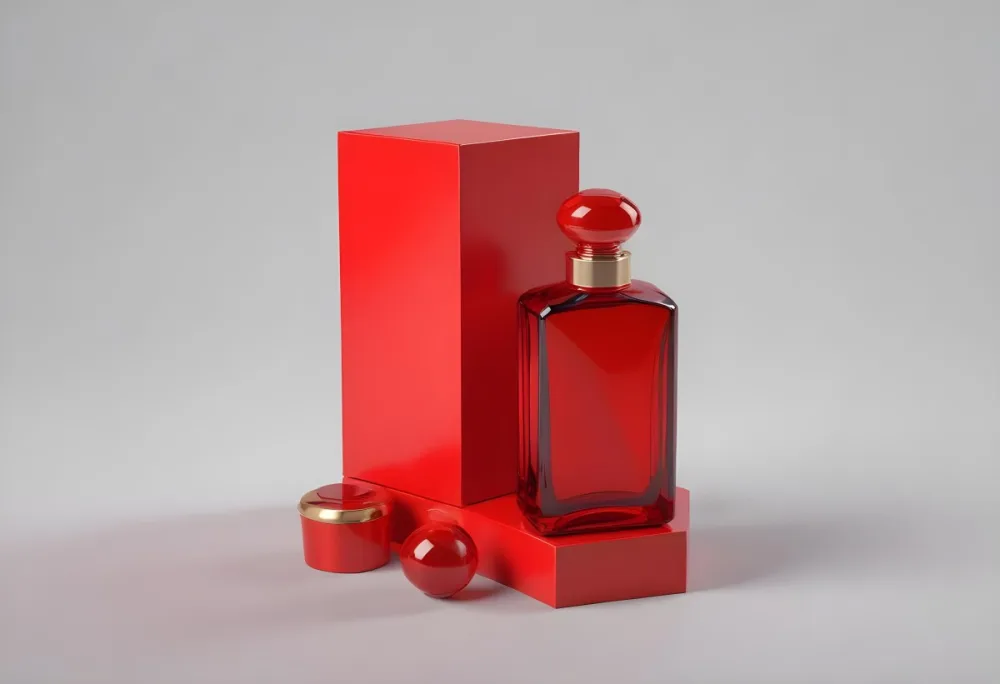 3d Model A Red Glass Perfume Bottle With A Red Cap Next To A Red Box On A Red Surface Figure Octane Render Volumetric Highly Detailed Videogame Aesthetic 8 0c9c