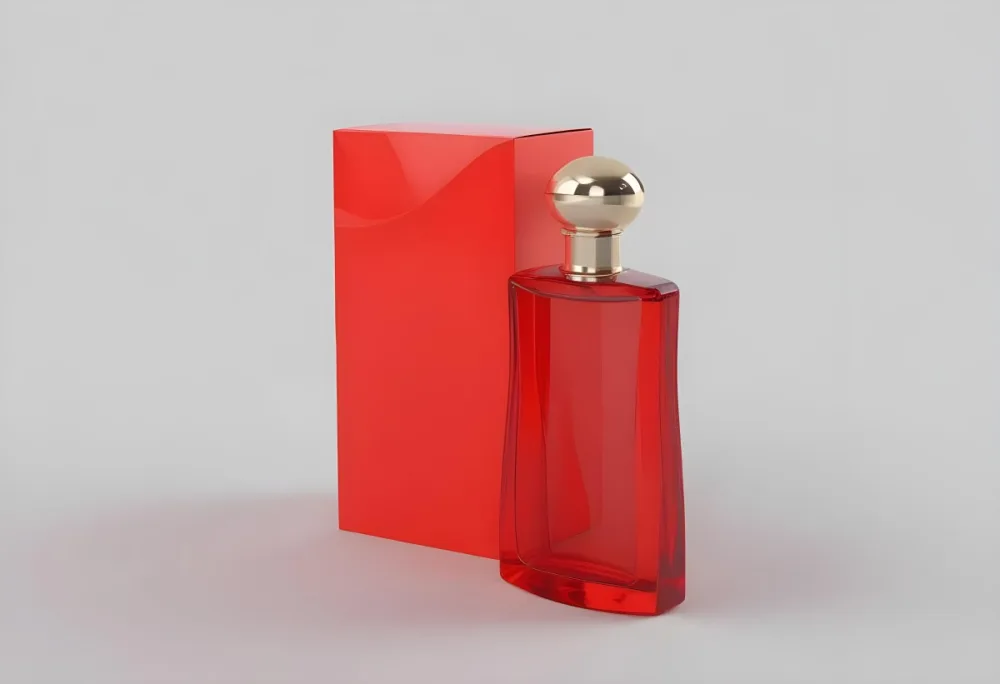 3d Model A Red Glass Perfume Bottle With A Red Cap Next To A Red Box On A Red Surface Figure Octane Render Volumetric Highly Detailed Videogame Aesthetic 9 0758