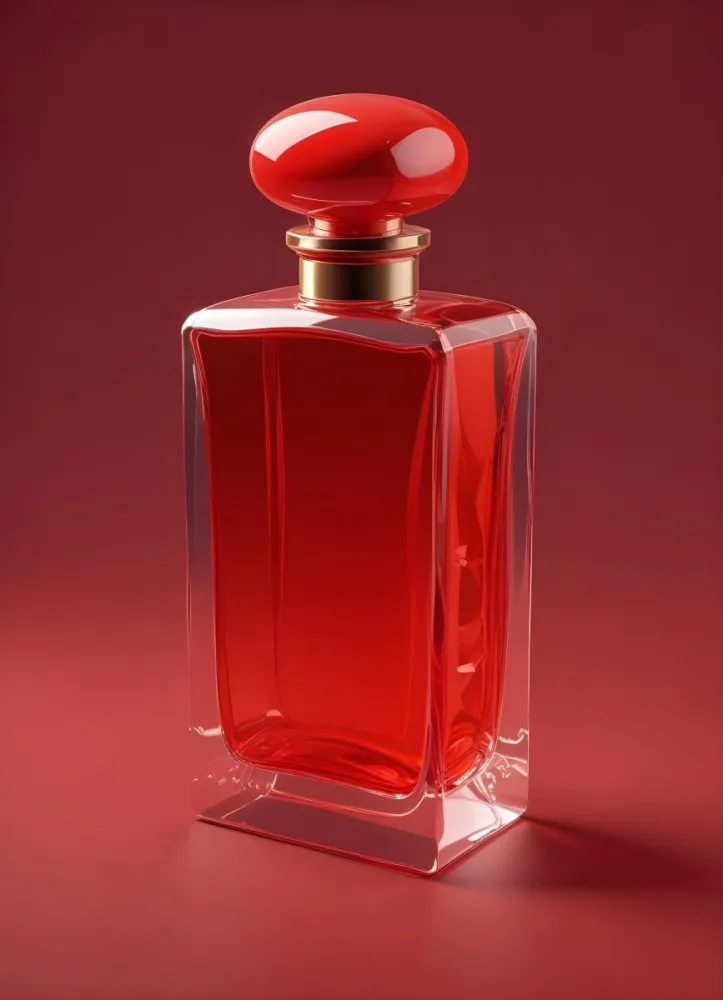 3d Model A Red Perfume Bottle With A Red Cap On A Red Background The Bottle Is Rectangular And Transparent The Liquid Inside Is Red Figure Octane Render Volumetric Highly Detailed Videogame Aesthetic 1 Ad54