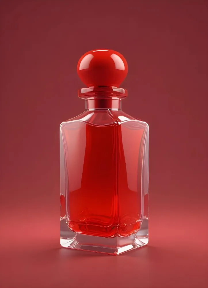 3d Model A Red Perfume Bottle With A Red Cap On A Red Background The Bottle Is Rectangular And Transparent The Liquid Inside Is Red Figure Octane Render Volumetric Highly Detailed Videogame Aesthetic 11 Cecb