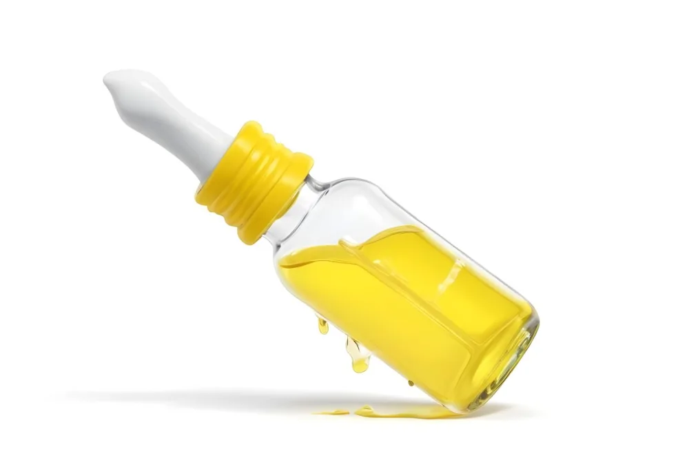 3d Model A Small Glass Bottle With A White Cap And A Glass Dropper Filled With Yellow Liquid Isolated On A White Background Figure Octane Render Volumetric Highly Detailed Videogame Aesthetic 3 F8a3