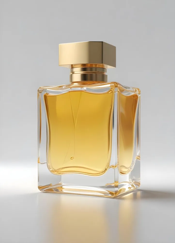3d Model A Square Glass Perfume Bottle With Golden Liquid Inside And A White Cap On A White Surface Figure Octane Render Volumetric Highly Detailed Videogame Aesthetic 16 Db09