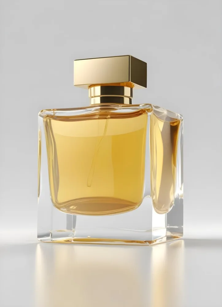 3d Model A Square Glass Perfume Bottle With Golden Liquid Inside And A White Cap On A White Surface Figure Octane Render Volumetric Highly Detailed Videogame Aesthetic 33 3495