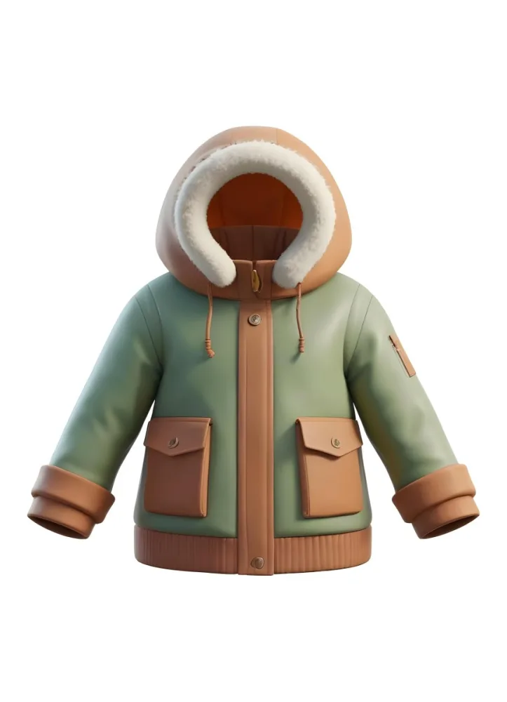 3d Model A Stylized Cartoonish Jacket With A Green Body And Brown Accents It Features A Large Hood Lined With A Soft Material Two Front Pockets And Zipper Closures The Sleeves Have A Brown Cuff Detail Giving It A C 9 Be40
