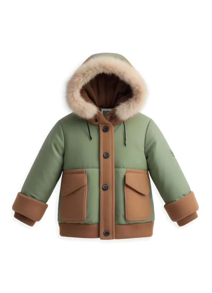 3d Model A Stylized Cartoonish Jacket With A Green Body And Brown Accents The Jacket Features A Hood Lined With A Fluffy Material Two Front Pockets And Buttons Along The Front The Sleeves Have A Brown Cuff Giving I 12 De0e