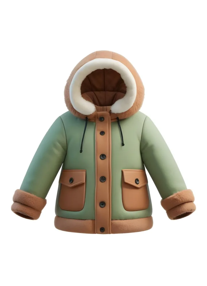 3d Model A Stylized Cartoonish Jacket With A Green Body And Brown Accents The Jacket Features A Hood Lined With A Fluffy Material Two Front Pockets And Buttons Along The Front The Sleeves Have A Brown Cuff Giving I 18 5ee7