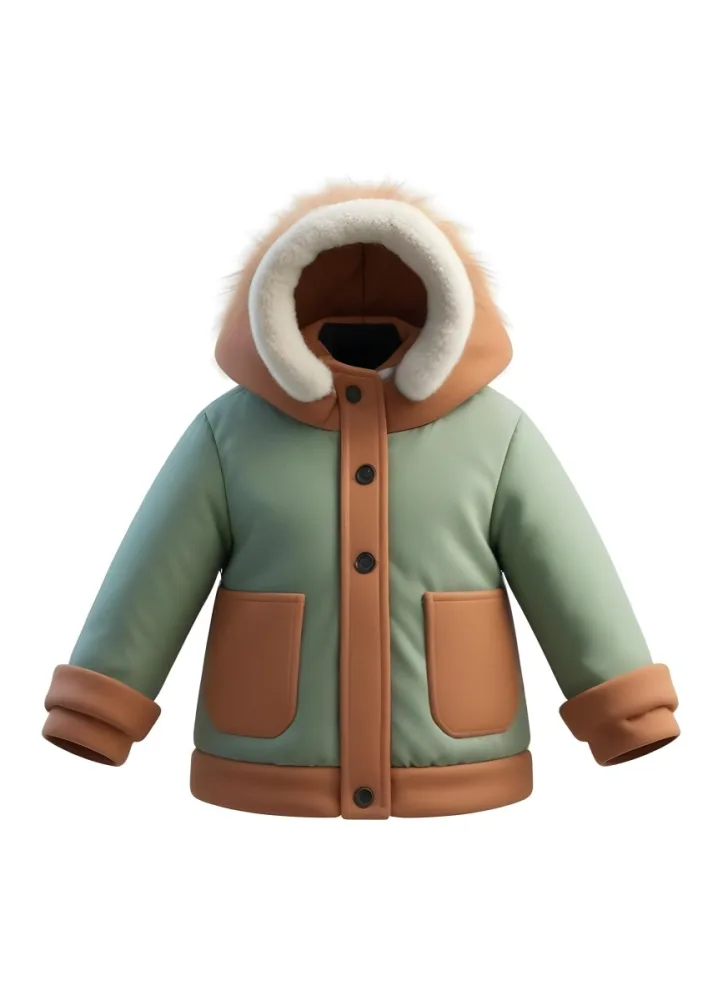 3d Model A Stylized Cartoonish Jacket With A Green Body And Brown Accents The Jacket Features A Hood Lined With A Fluffy Material Two Front Pockets And Buttons Along The Front The Sleeves Have A Brown Cuff Giving I 21 C9d2