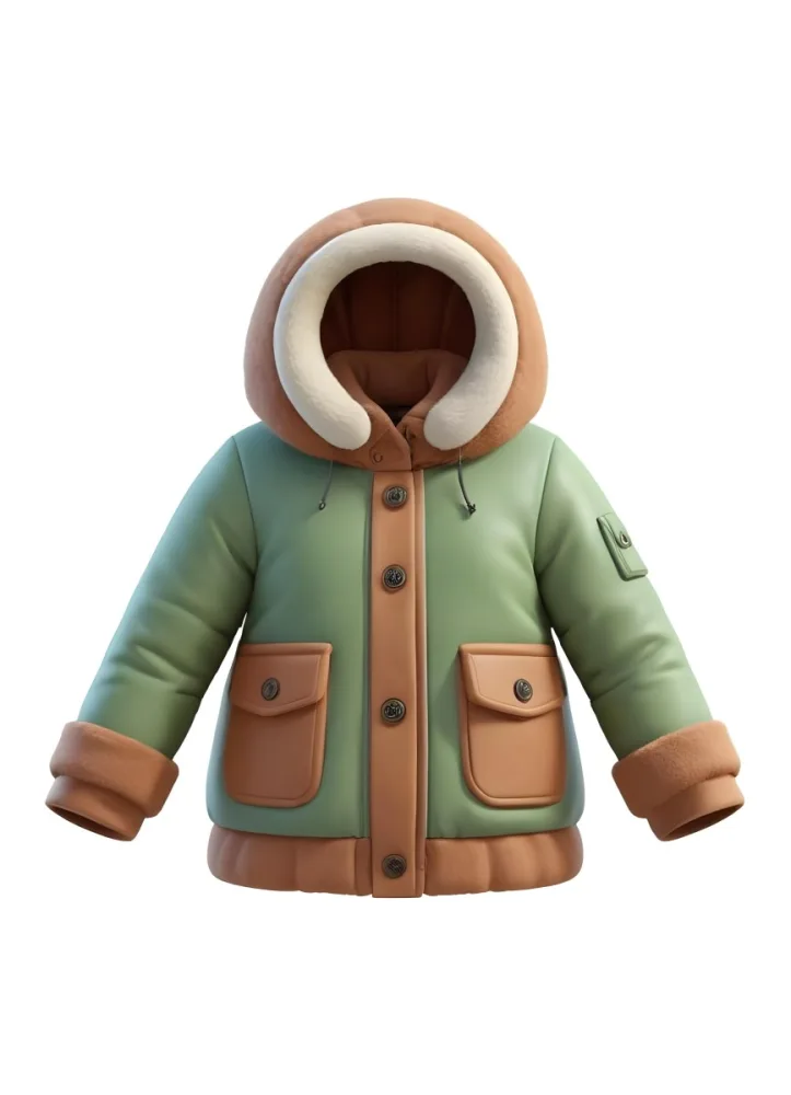 3d Model A Stylized Cartoonish Jacket With A Green Body And Brown Accents The Jacket Features A Hood Lined With A Fluffy Material Two Front Pockets And Buttons Along The Front The Sleeves Have A Brown Cuff Giving I 26 E7dc