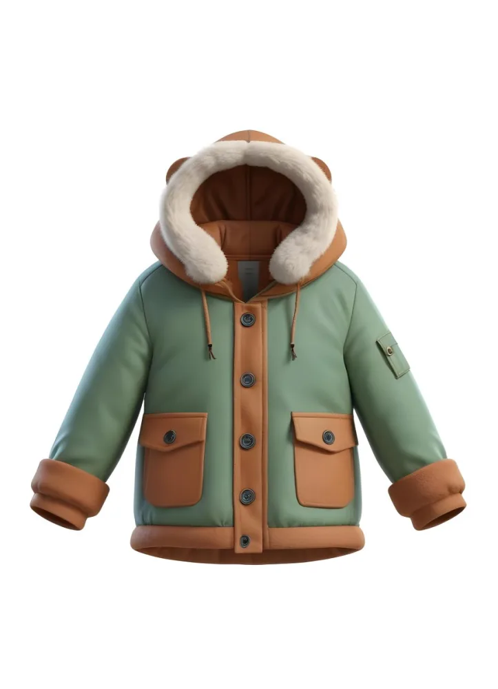 3d Model A Stylized Cartoonish Jacket With A Green Body And Brown Accents The Jacket Features A Hood Lined With A Fluffy Material Two Front Pockets And Buttons Along The Front The Sleeves Have A Brown Cuff Giving I 29 27d7