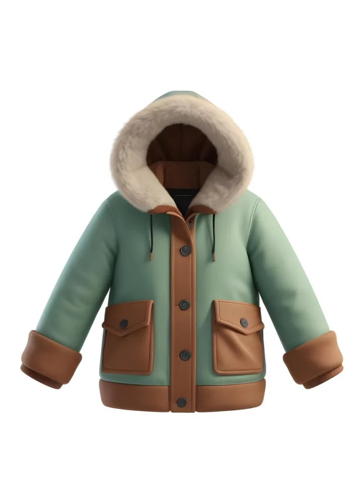 3d Model A Stylized Cartoonish Jacket With A Green Body And Brown Accents The Jacket Features A Hood Lined With A Fluffy Material Two Front Pockets And Buttons Along The Front The Sleeves Have A Brown Cuff Giving I 35 1d4d