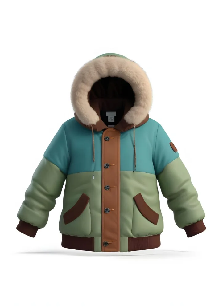 3d Model A Stylized Cartoonish Jacket With A Green Body And Brown Accents The Jacket Features A Hood Lined With A Fluffy Material Two Front Pockets And Buttons Along The Front The Sleeves Have A Brown Cuff Giving I 61 618f