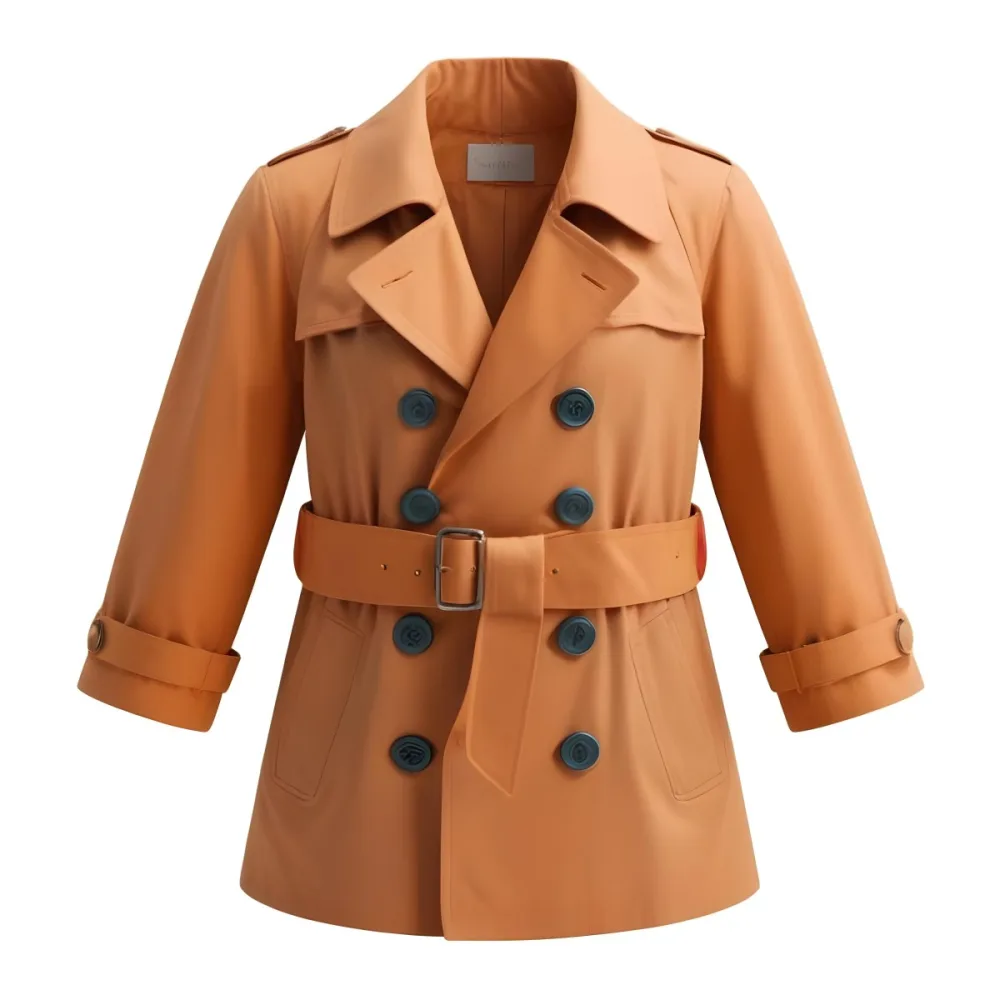 3d Model A Stylized Cartoonish Trench Coat In A Warm Orange Color Featuring A Double Breasted Design With Dark Buttons And A Wide Belt Around The Waist The Coat Has A Classic Collar And Rolled Up Sleeves Giving It A 13 F32f