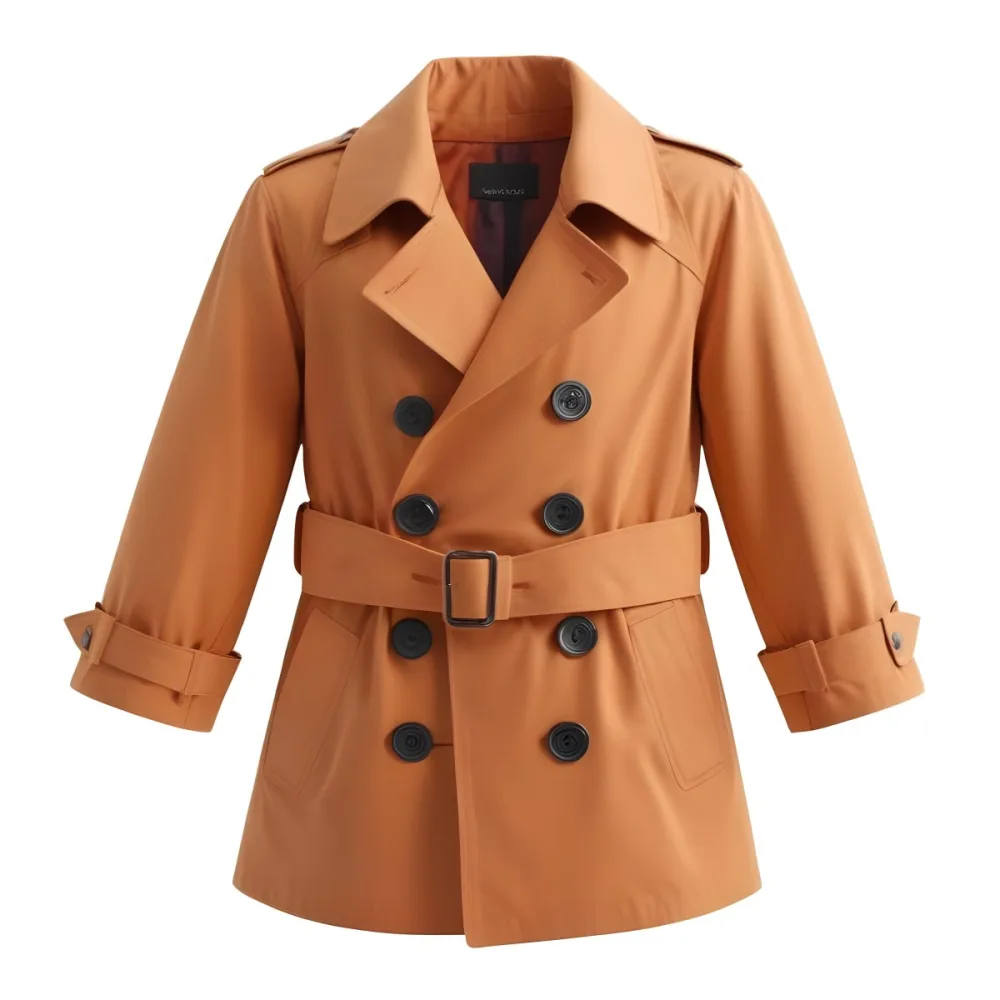 3d Model A Stylized Cartoonish Trench Coat In A Warm Orange Color Featuring A Double Breasted Design With Dark Buttons And A Wide Belt Around The Waist The Coat Has A Classic Collar And Rolled Up Sleeves Giving It A 14 424c